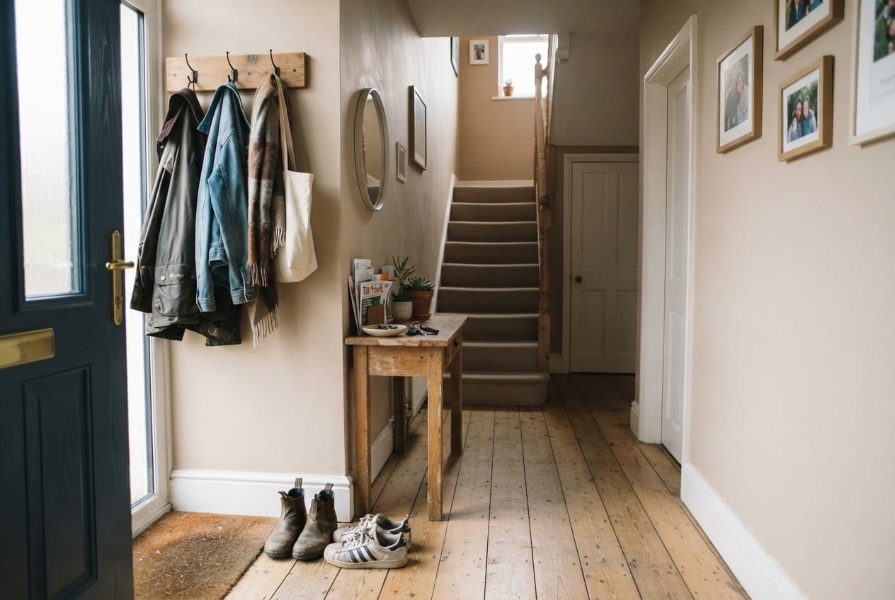 A bright hallway with coats beside the front door