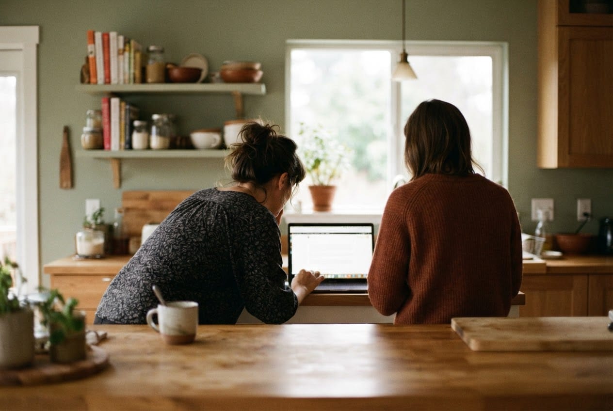 Two people looking at a laptop together in a kitchen